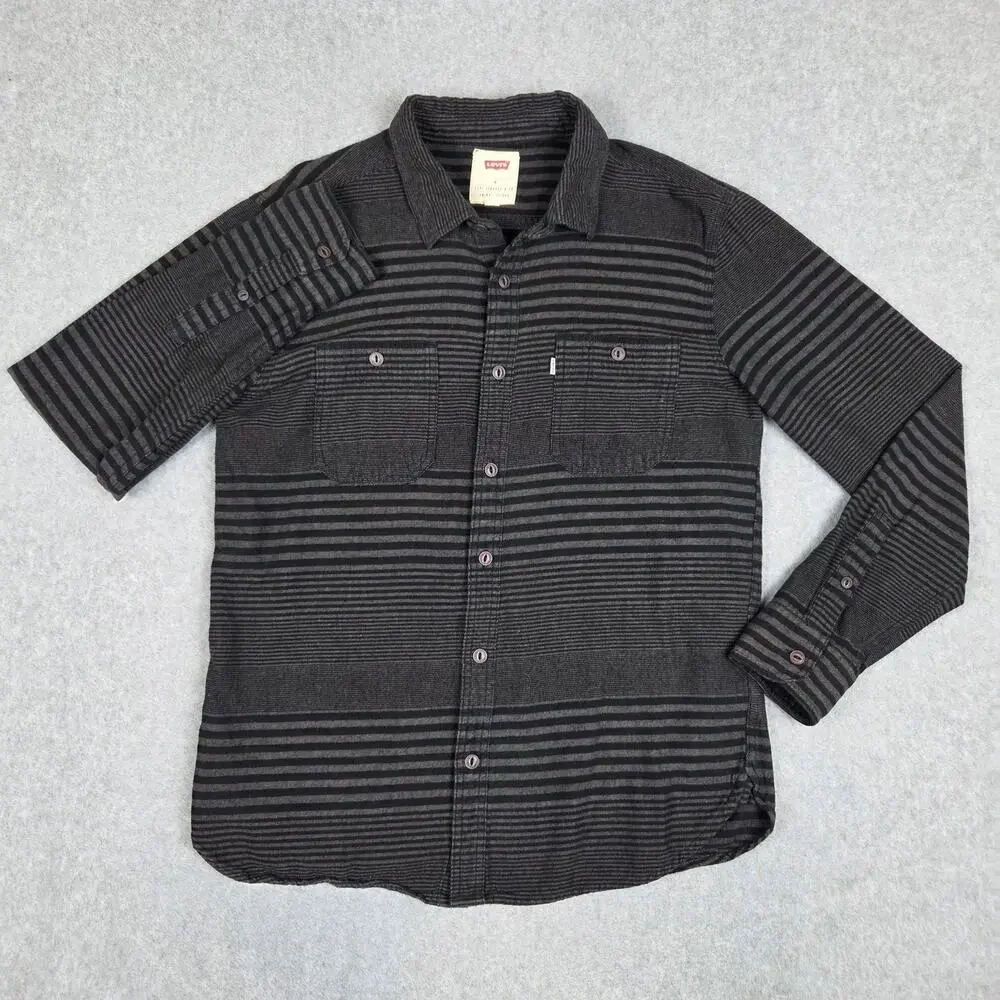 Levi's Mens Medium Black Gray Stripe Long Sleeve Flannel Button Down Shirt - Picture 2 of 13
